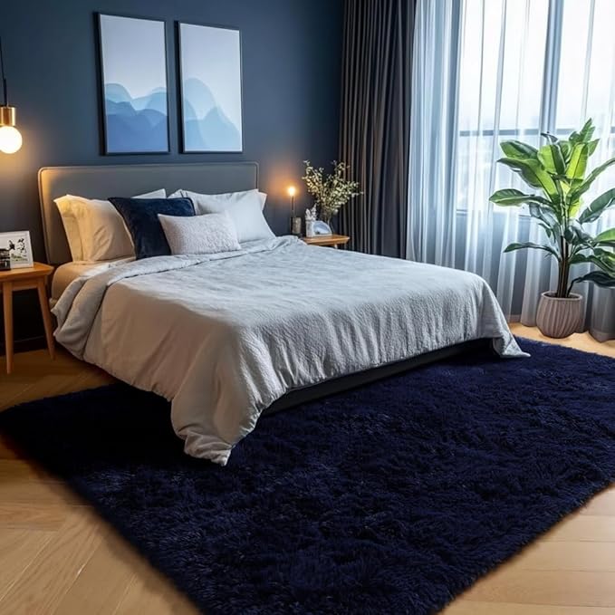 PAGISOFE Navy Blue Rug 4x6, Fluffy Dark Blue Rugs for Bedroom, Modern Indoor Carpets for Living Room, Non-Slip Carpet for Kids Boys Girls Teen Dorm Nursery Room Decor, Super Soft Bedside Rugs Blue