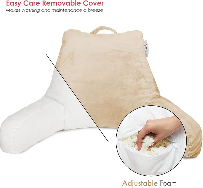 Nestl Reading Pillow with Shredded Memory Foam, Designed for Sitting Up in Bed and Couch, Back and Arms Adjustable Support for Adult & Teens Backrest Pillows for Reading, Washable Cover, Beige Cream