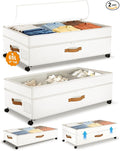 Under Bed Storage with Wheels, 10 inches Under Bed Storage Containers, 65L XXL Large Adjustable Underbed with Lids, Rolling Underbed Storage bins for Shoes, Clothes, Blankets, White
