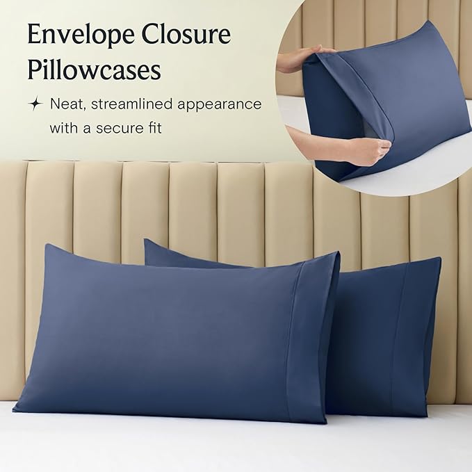 LuxClub 4 PC King Sheet Set, Deep Pockets Wrinkle Free Cooling Bed Sheets Hotel Bedding for Women, Men, Includes 1 Fitted Sheet, 1 Flat Sheet and 2 Pillowcases-Soft Navy