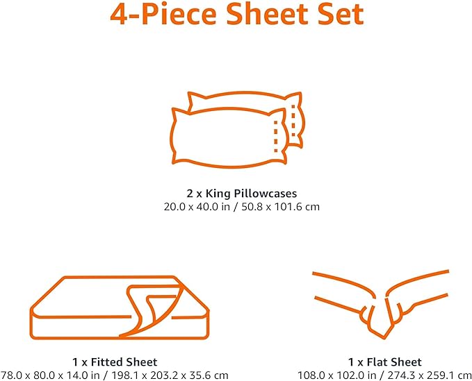 Amazon Basics Lightweight Super Soft, Breathable Wrinkle-Free Microfiber 4 Piece Bed Sheet Set with 14-Inch Deep Pockets, King, Black, Solid