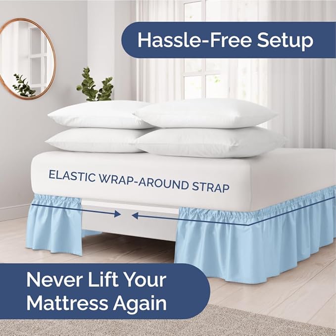 Wrap Around Dust Ruffle Bed Skirt - Light Blue - Twin/Twin XL Size Beds with 12 Inch Drop - Elastic Strap - Adjustable Pleated Bedskirt with Brushed Fabric and Wrinkle Free - Women, Men, Kids & Teens