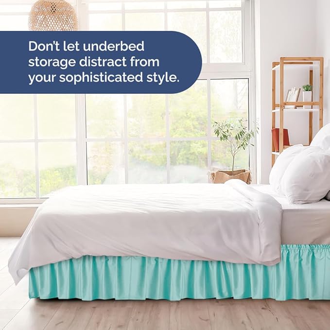 Wrap Around Dust Ruffle Bed Skirt - Spa Blue - for King Size Beds with 24 Inch Drop - Easy Fit Elastic Strap - Adjustable Pleated Bedskirt w/Brushed Fabric Wrinkle Free - for Women, Men, Kids & Teens