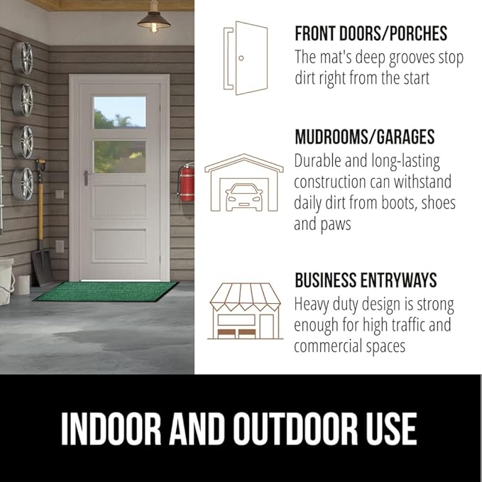 GORILLA GRIP Waterproof Traffic Guard Door Mat, 47x35, Heavy Duty Entryway Mats, Strong Rubber Back Commercial Utility Rugs for Office Hallway, Garage Floor and Home, Low Profile Carpet Runner, Green