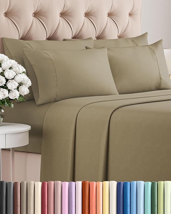 Queen 6 Piece Sheet Set - Cooling, Comfy & Breathable - Hotel Luxury Bedding, Includes Fitted Sheet for Women, Men, Kids and Teens - 1 Flat, 1 Fitted Sheet, 4 Pillowcases with Deep Pockets - Khaki
