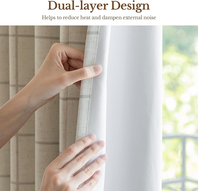 Linen Plaid Blackout Curtains Gingham Double Layer for Living Room,Bedroom,Dining Room 108 Inches Long 2 Panels Set Luxury and Modern Printed Design Darkening Pinch Pleated