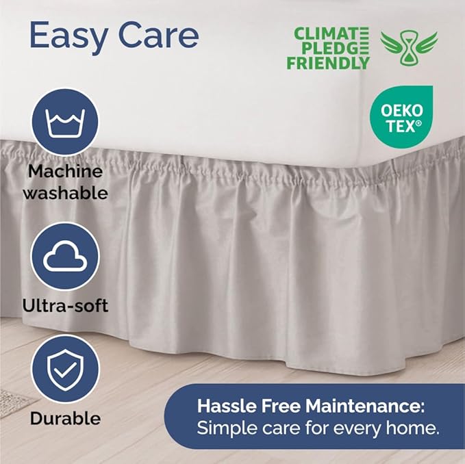 Wrap Around Dust Ruffle Bed Skirt - Light Grey - for King Size Beds with 15 Inch Drop - Elastic Strap - Adjustable Pleated Bedskirt with Brushed Fabric and Wrinkle Free - for Women, Men, Kids & Teens