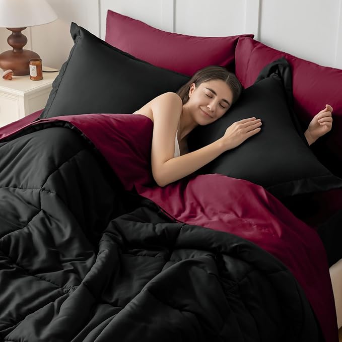 JOLLYVOGUE Twin XL Comforter Set, Ultra-Soft Bed in a Bag Twin XL Size 5 Pieces, Oeko-TEX Certified Bedding Set with Down Alternative Comforter, Sheets, Pillowcases & Shams, Burgundy & Black