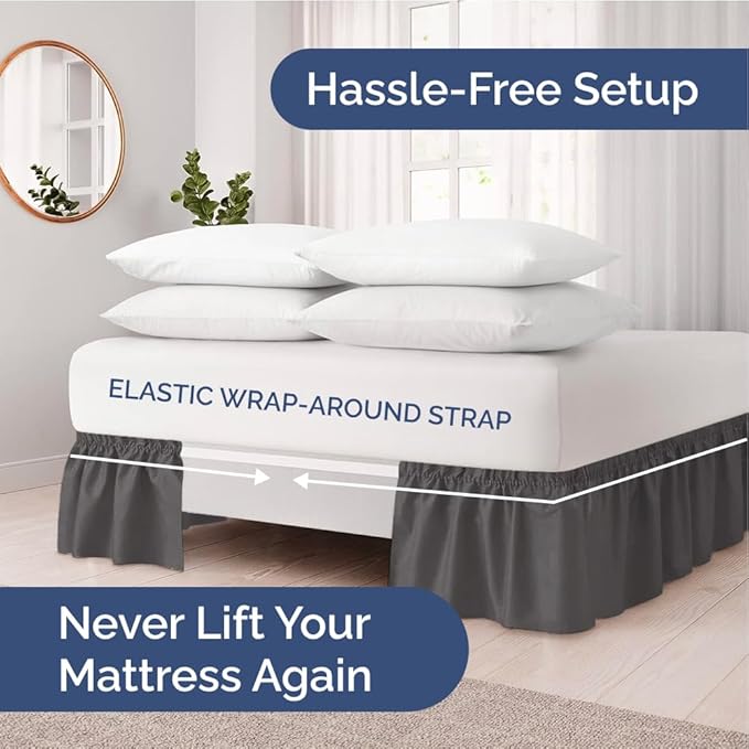 Wrap Around Dust Ruffle Bed Skirt - Charcoal - Twin/Twin XL Size Beds w/ 15 Inch Drop - Easy Fit Elastic Strap - Adjustable Pleated Bedskirt w/Brushed Fabric - Wrinkle Free - Women, Men, Kids & Teens