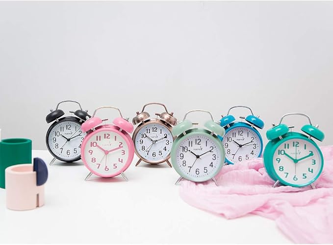 {Loud Alarm for Deep Sleepers) 4'' Twin Bell Alarm Clock with Backlight for Bedroom and Home Decoration(Red-Brown)