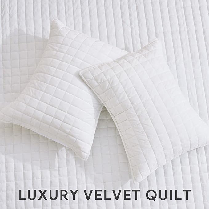 RECYCO Luxury Velvet Quilt Set Twin/Twin XL Size Bedding Sets, Ultra Soft Velvet Comforter Set, Lightweight Channel Box Stitch Oversized Bedspread Coverlet for All Season, with 1 Sham, Bright White