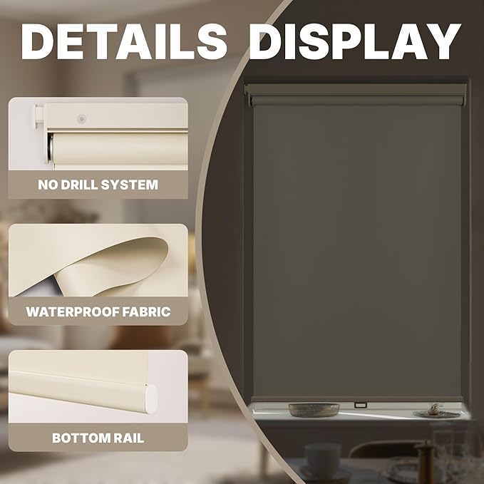 HESTIA No Drill Cordless Blackout Roller Shades Screwless Waterproof Shower Window Blinds, Auto-Retraction Easy Install Blind for Bathroom/Kitchen/Office/Exterior, Cream, 37.5" W x 72" H