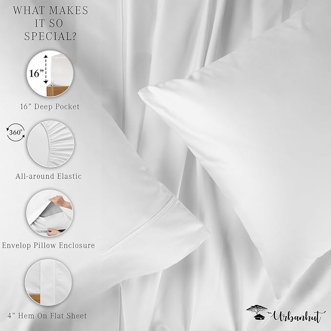 URBANHUT 800 Thread Count 100% Cotton King Size Sheets, Luxury 4 Piece King Bedsheets, Hotel Sheets Sateen Finish - Better Than Egyptian, 16" Elasticized Deep Pocket - White