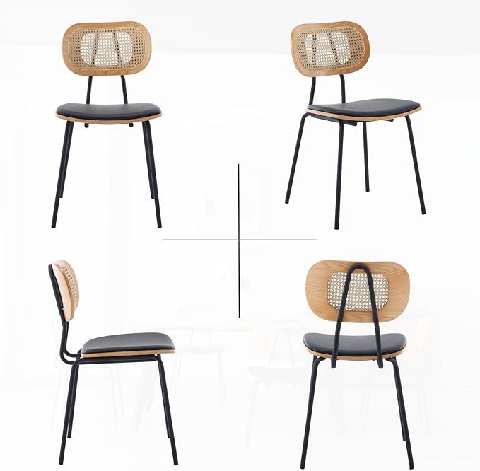 HEAH-YO Modern Dining Chairs Set of 2, Upholstered Faux Leather Rattan Dining Chairs with Backrests, Armless Dining Room Chairs for Kitchen, Black