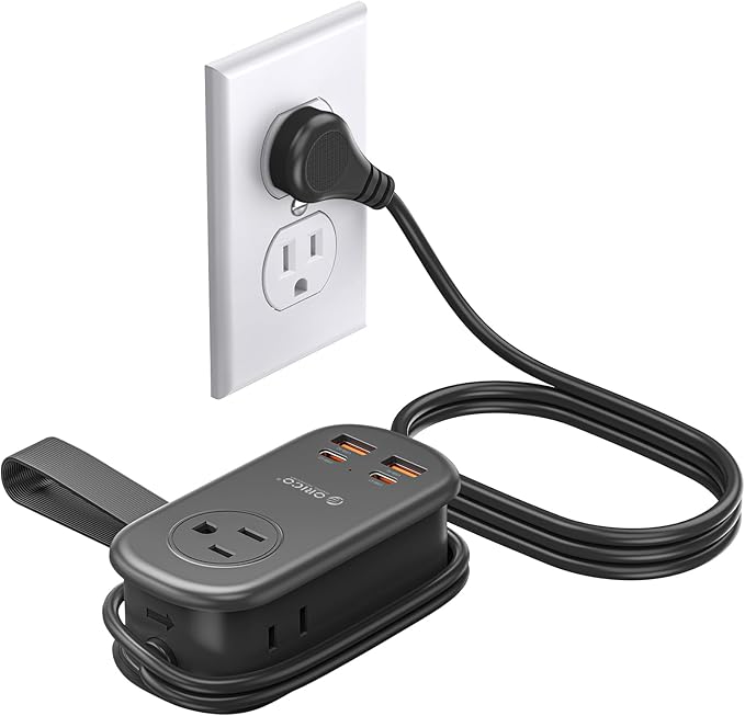 ORICO 65W GaN Travel Power Strip with 7-in-1 Charging Ports (3 AC Outlets/2 USB-A/2 USB-C), Flat Plug and 4FT Extension Cord, Fast Charger for MacBook Pro/Air, iPad Pro, iPhone 17/16/15 -AP3