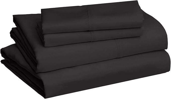 Amazon Basics Lightweight Super Soft, Breathable Wrinkle-Free Microfiber 4 Piece Bed Sheet Set with 14-Inch Deep Pockets, King, Black, Solid