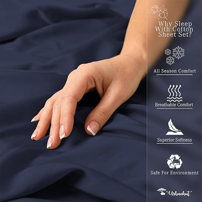 URBANHUT 800 Thread Count 100% Cotton Queen Size Sheets, Luxury 4 Piece Queen Bedsheets, Hotel Sheets Sateen Finish - Better Than Egyptian, 16" Elasticized Deep Pocket - Navy Blue