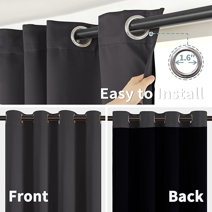 BGment Thermal Insulated 100% Blackout Curtains for Bedroom with Black Liner, Double Layer Full Room Darkening Noise Reducing Grommet Curtain (38 x 84 Inch, Dark Grey, 2 Panels)