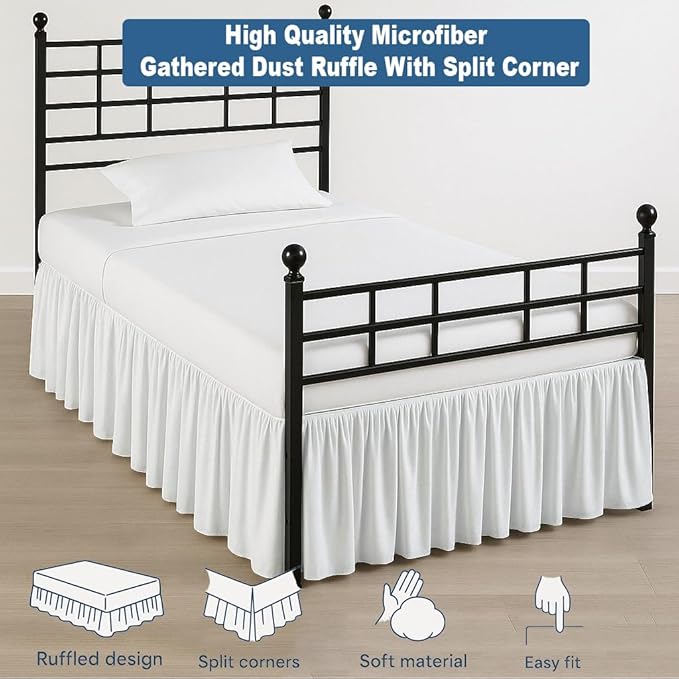Ruffled Bed Skirt Split Corners with Platform, Tailored Fit Hotel Quality Wrinkle Free Ultra-Soft Microfiber Dust Ruffle, Upto 24 Inch Drop, Twin, White