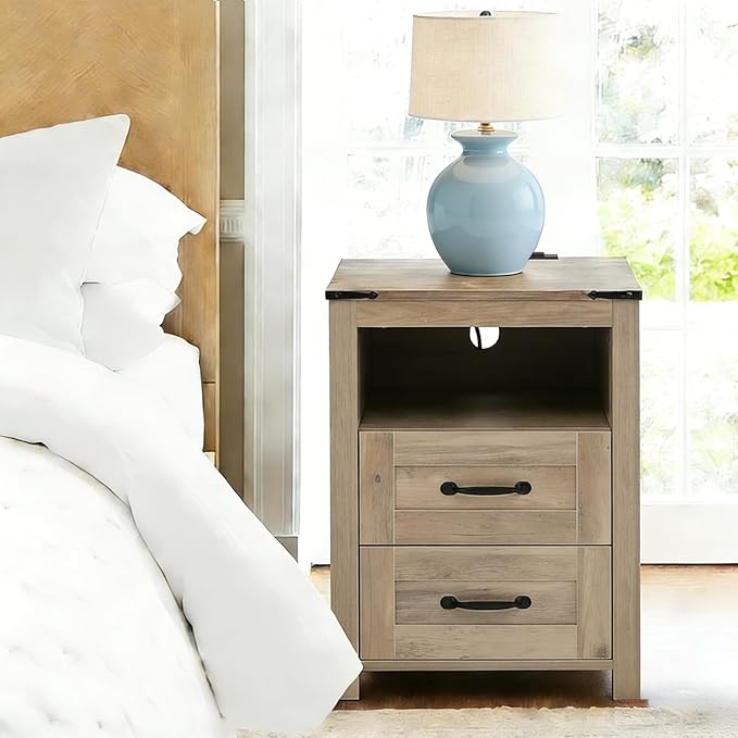 Puntogen Sierra Night Stand, Rustic End Table with Charging Station, Farmhouse Tall Nightstand for Bedroom, Drawer Dresser Bedside Table with Open Storage Shelf