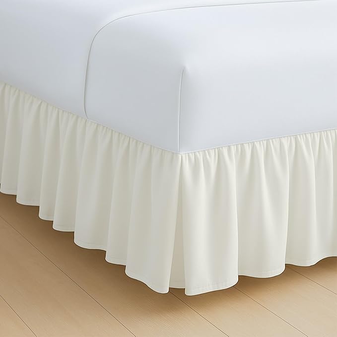 Rajlinen Ruffled Bed Skirt Twin, 16 Inch Drop Dust Ruffle with Split Corners, 100% Microfiber Bedskirt with Platform, Three-Sided Coverage Ruffled Gathering Design, Ivory