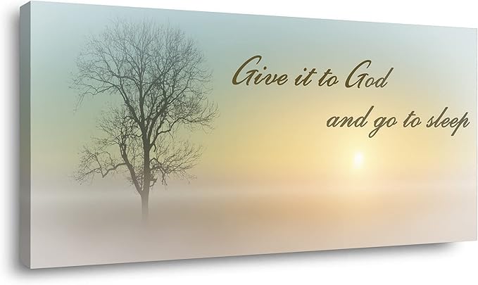 Misty Sunset & Tree Plant Picture For Bedroom Above Bed,Large White Country Wood Sign For Bathroom Canvas Wall Art,Give It To God And Go To Sleep Artwork Decor,Gallery Wrapped Gift,Inner Frame(30x60)