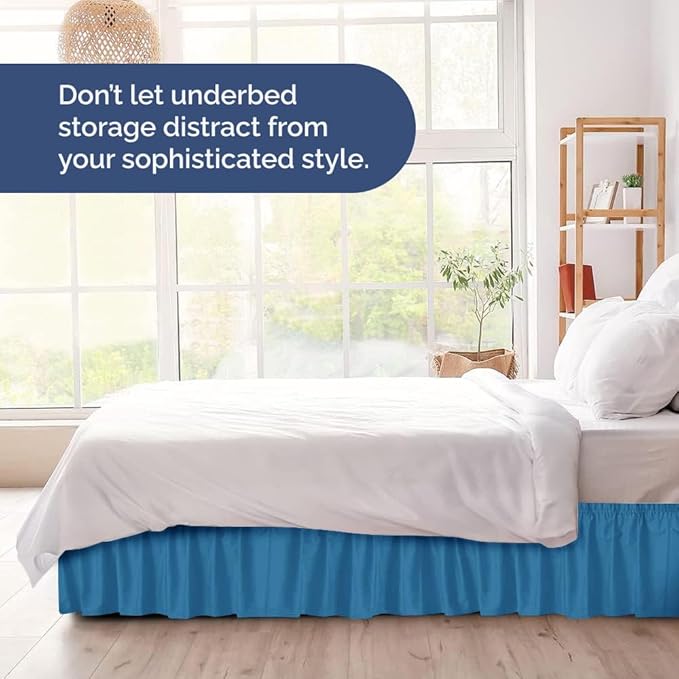Wrap Around Dust Ruffle Bed Skirt - Denim Blue - for King Size Beds with 18 Inch Drop - Elastic Strap - Adjustable Pleated Bedskirt with Brushed Fabric and Wrinkle Free - for Women, Men, Kids & Teens