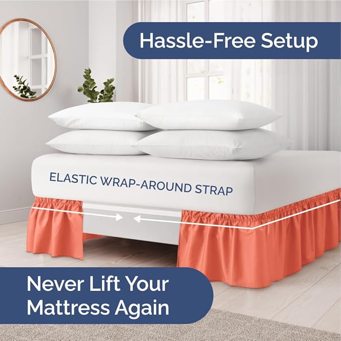Wrap Around Dust Ruffle Bed Skirt - Coral - for King Size Beds with 12 Inch Drop - Easy Fit Elastic Strap - Adjustable Pleated Bedskirt w/Brushed Fabric - Wrinkle Free - for Women, Men, Kids & Teens