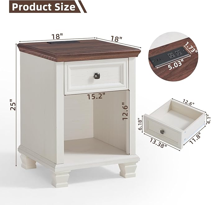 SAVOR LIFE Farmhouse End Tables Living Room Set of 2, Rustic Wood Nightstand with 1 Drawer, Bedside Table with Open Shelf for Bed Room, Side Table for Living Room, White