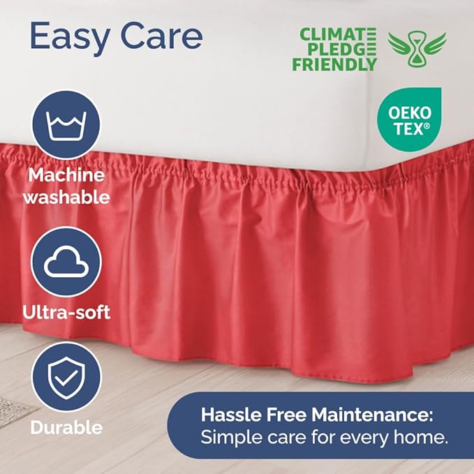Wrap Around Dust Ruffle Bed Skirt - Red - for King Size Beds with 21 Inch Drop - Easy Fit Elastic Strap - Adjustable Pleated Bedskirt w/Brushed Fabric - Wrinkle Free - for Women, Men, Kids & Teens