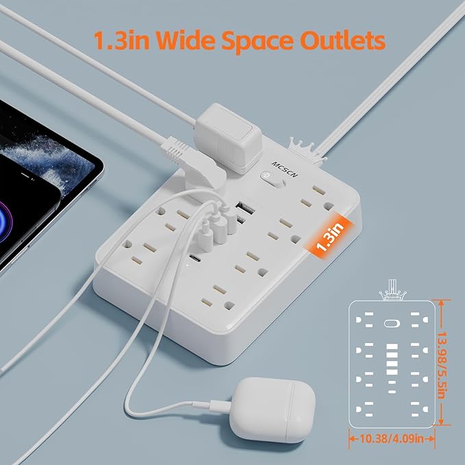 Ultra Thin Flat Plug Surge Overload Protector Power Strip Wall Outlet with 8 AC Power Outlets 6 USB (2 USB C) for Home Office Dorm Travel Essentials 15A 1875W UL Released (5FT)
