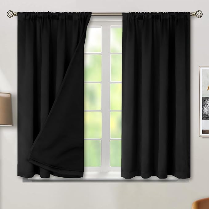 BGment Black Black Out Curtains for Bedroom Window 2 Panels Set, Bedroom Curtains Double Layer 100% Room Darkening Thermal Insulated Rod Pocket Window Drapes, Each 52 x 54 Inch,