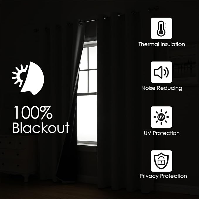 ChrisDowa 100% Blackout Curtains for Bedroom with Black Liner, 2 Thick Layers Total Blackout Thermal Insulated Grommet Window Curtains 72 Inch Length 2 Panels Set (Dark Grey, 52 x 72 Inch)
