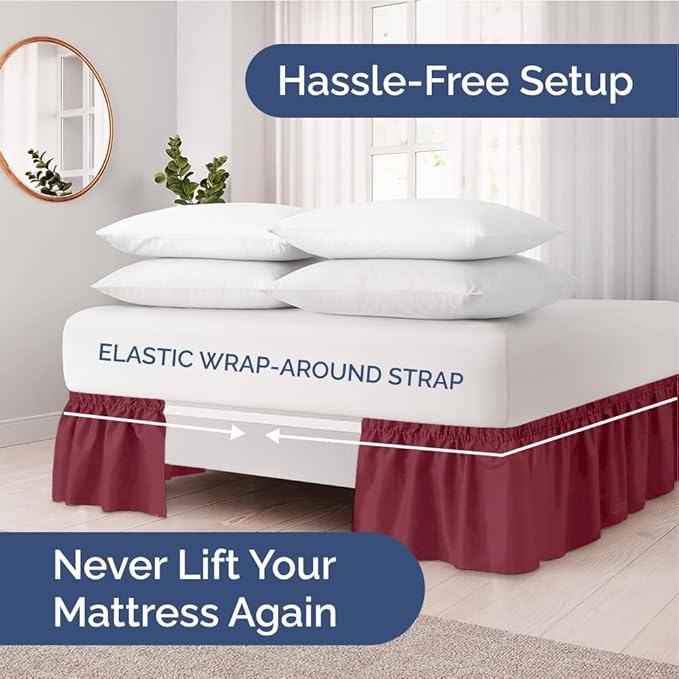 Wrap Around Dust Ruffle Bed Skirt - Burgundy - Twin/Twin XL Size Beds with 18 Inch Drop - Easy Fit Elastic Strap - Adjustable Pleated Bedskirt w/Brushed Fabric Wrinkle Free - Women, Men, Kids & Teens