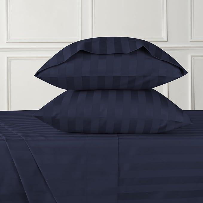URBANHUT 800 Thread Count 100% Cotton Damask King Size Sheets, 4 Piece Striped King Size Bedsheets, Luxury Hotel Sheets Sateen Weave - Better Than Egyptian, 16" Elasticized Deep Pocket- Navy Blue