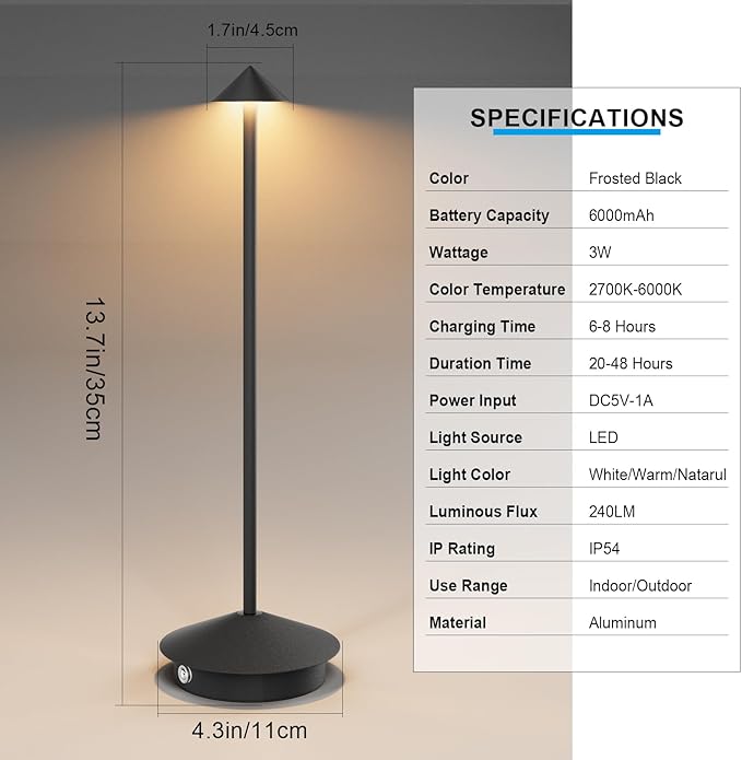 2-Pack 6000mAh Rechargeable Led Table Lamp Cordless,3000K-6000K Stepless Dimming Touch Lamps with Memory Function,IP54 Waterproof Aluminum Table Light for Outdoor/Bars/Restaurant/Patio(Black)