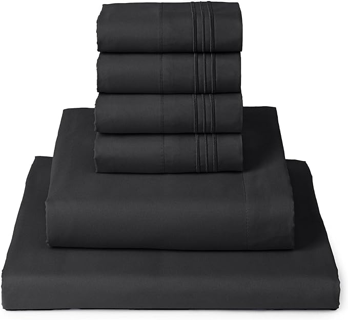 Mellanni Full Sheet Set - 6-Piece Iconic Collection Bedding, (Including 4 Pillowcases), 16-Inch Deep Pocket, Easy Care, Extra Soft, Cooling Sheets, Brushed Microfiber - Black