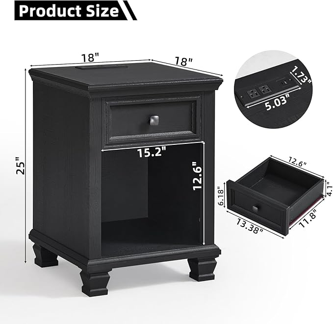 SAVOR LIFE Farmhouse End Tables Living Room with Drawer, Rustic Wood Nightstand with Charging Station, Bedside Table with Open Shelf for Bed Room, Living Room, Black