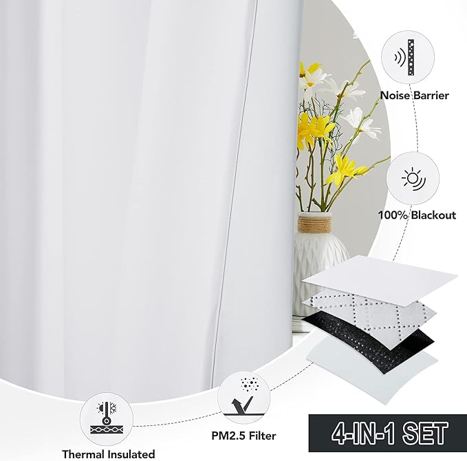 RYB HOME PM 2.5 Filter Curtains for Living Room/Bedroom, Soundproof Blackout Large Window Curtains for Dust Sandstorms Smog Pollen Odor Filtering, Pure White, W42 x L84 inch, 2 Panels
