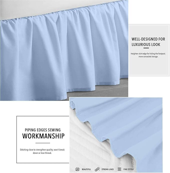 Light Blue Solid Ruffled Bed Skirt Full-6 Inch Drop Split Corner, Microfiber Bedskirt with Platform Three Sided Coverage