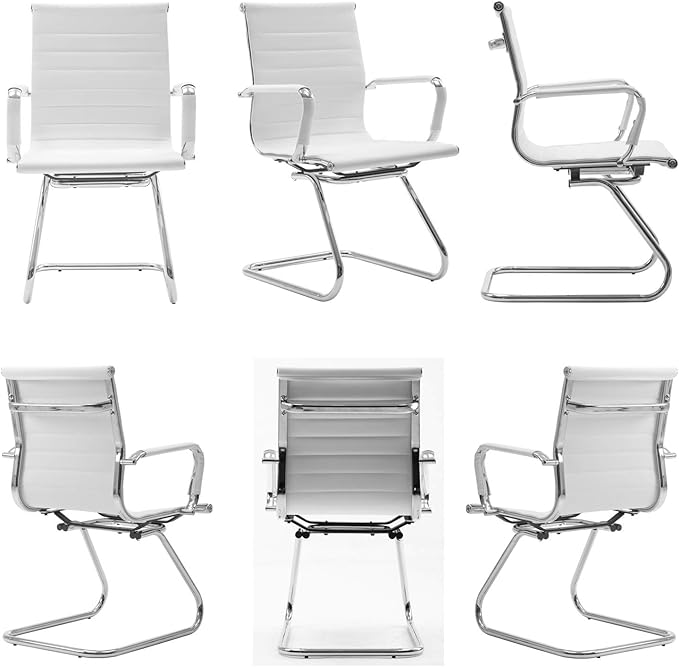 Wahson Office Guest Chairs Set of 4, Leather Reception Chairs, Mid Back Waiting Room Chair, Conference Chairs with Sled Base, Desk Chair No Wheels for Meeting/Lobby/Restroom, White