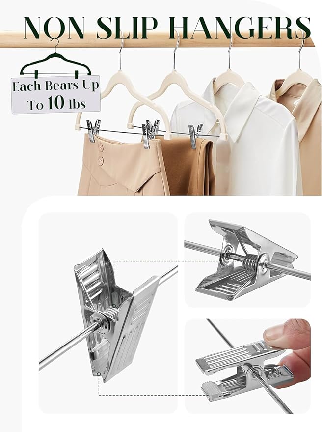 Cozymood Velvet Skirt Hangers 72 Packs Ultra Thin Velvet Hanger with Clips Non Slip Pant Hangers Space Saving Clothes Hangers, Clip Hanger for Pants, Skirts, Jeans, Shorts (Beige)