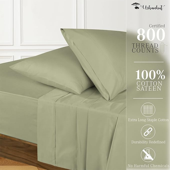 URBANHUT 800 Thread Count 100% Cotton California King Size Sheets, Luxury 4 Piece Cal King Bedsheets, Hotel Sheets Sateen Finish - Better Than Egyptian, 16" Elasticized Deep Pocket - Sage