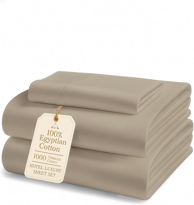 LANE LINEN Luxury 100% Egyptian Cotton Extra Long Twin Sheets for Hospital Bed - 1000 Thread Count, Eoc-Friendly Oeko-Tex Certified No Pill Fade Resistant Machine Washable Cotton Bed Sheet -Taupe