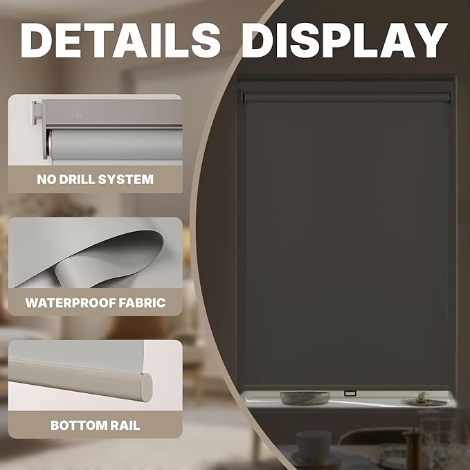 HESTIA No Drill Cordless Blackout Roller Shades Screwless Waterproof Shower Window Blinds, Auto-Retraction Easy Install Blind for Bathroom/Kitchen/Office/Exterior, Grey, 36.5" W x 72" H