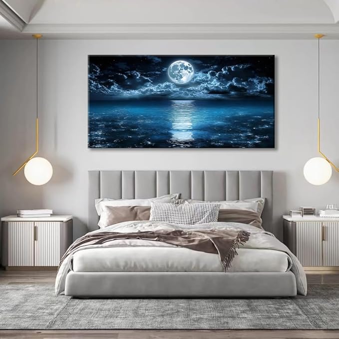 Big Moon Canvas Wall Art - Modern Seascape Paintings for Living Room, Bedroom Wall Decor, Framed Wall Art for Home or Office Decoration, Large Art 60x120cm(24x48in)