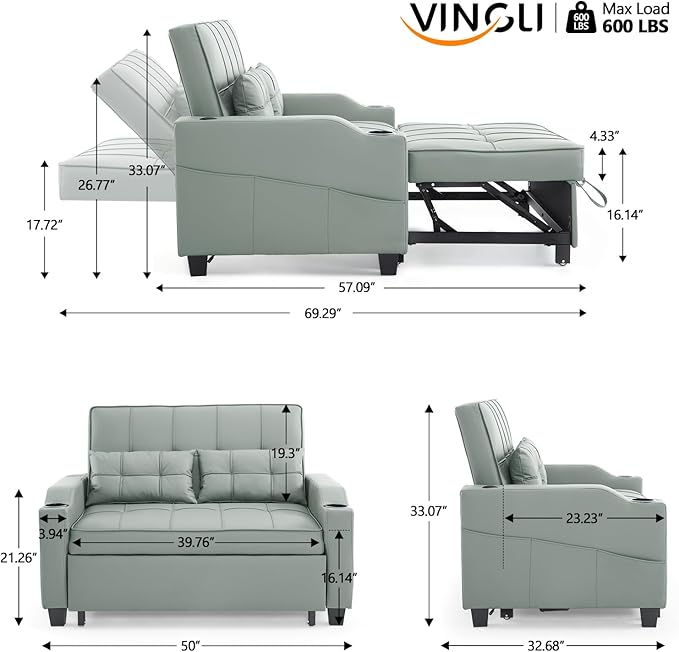 VINGLI Green Futon Sofa Bed Convertible Loveseat Sleeper Couch, Faux Leather Pullout Sofa Fold Out Couch Bed with USB Ports, Cup Holders, Armrest for Living Room, Bedroom Apartment Room