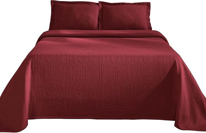 Superior 100% Cotton Basket Weave Bedspread with Shams, All-Season Premium Cotton Matelasse Jacquard Bedding, Quilted-Look Geometric Basket, Full, Garnet