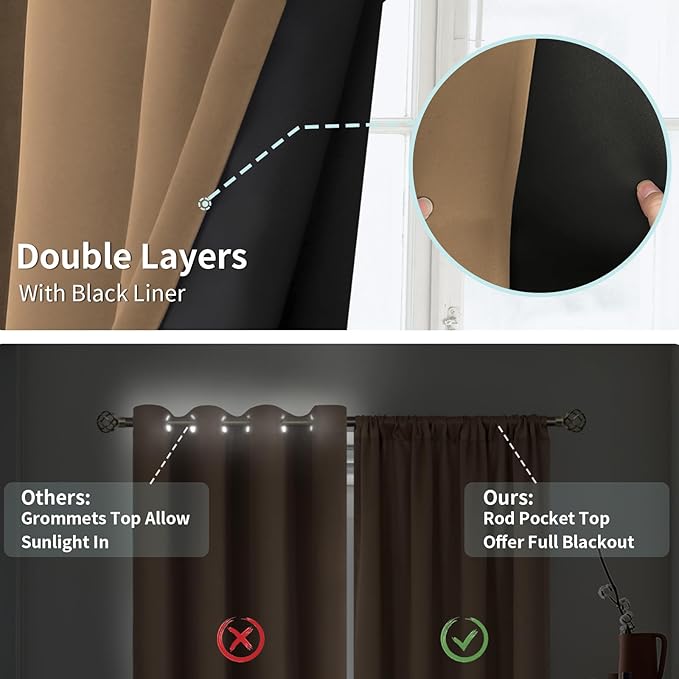 BGment Thermal Insulated 100% Blackout Curtains for Bedroom with Black Liner, Double Layer Full Room Darkening Noise Reducing Rod Pocket Curtain (52 x 84 Inch, Taupe, 2 Panels)