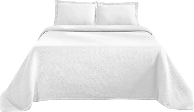 Superior 2 Piece Basketweave Cotton Bedspread Set, Home Bed Decor, Decorative Bed Spread, 1 Pillow Sham, Medium Weight Blanket, Matelasse Coverlet Bedding, Geometric Lattice Pattern, Twin, White